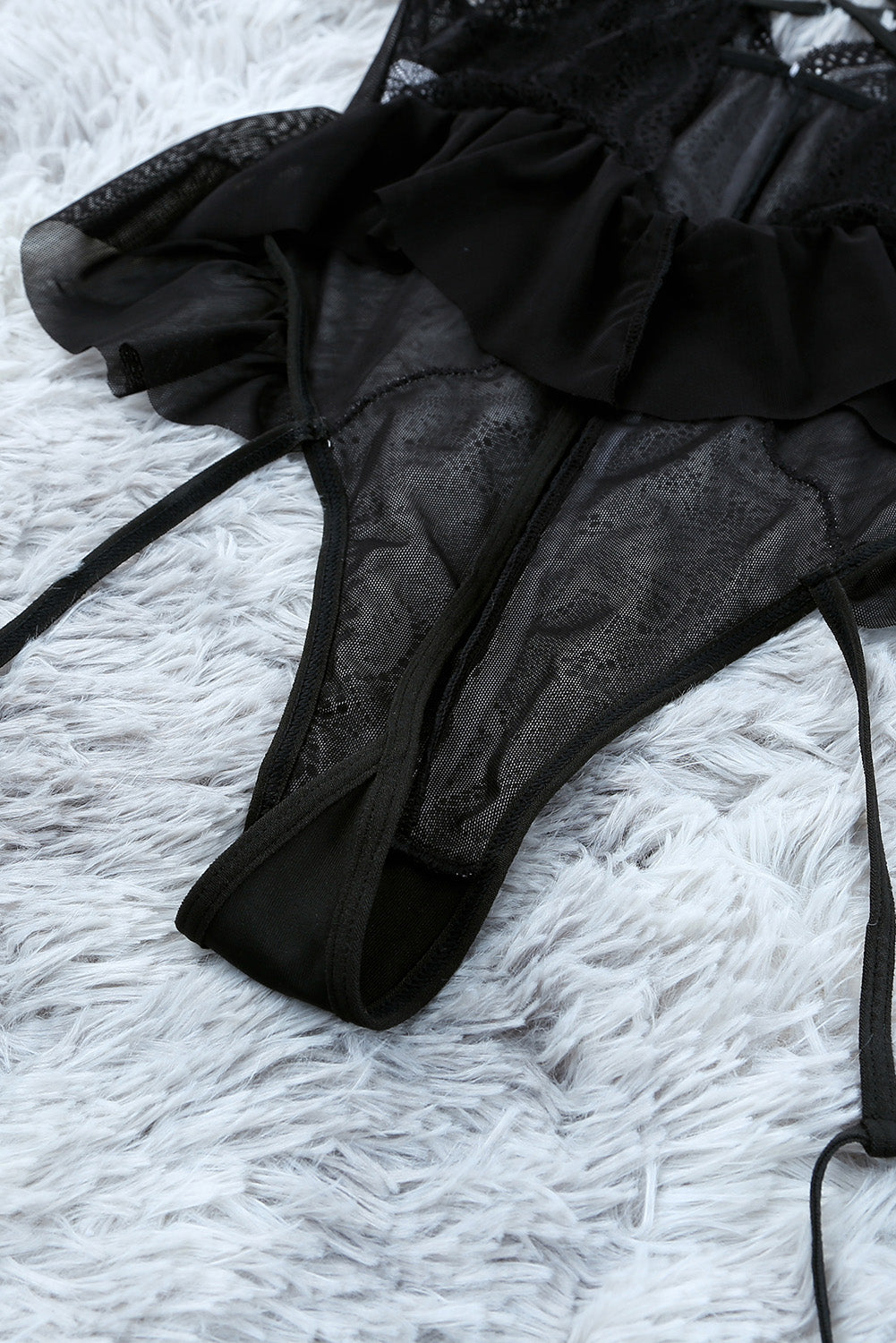 Black Lace Mesh Contrast Lace-up Straps Teddy Lingerie Teddy Lingerie JT's Designer Fashion