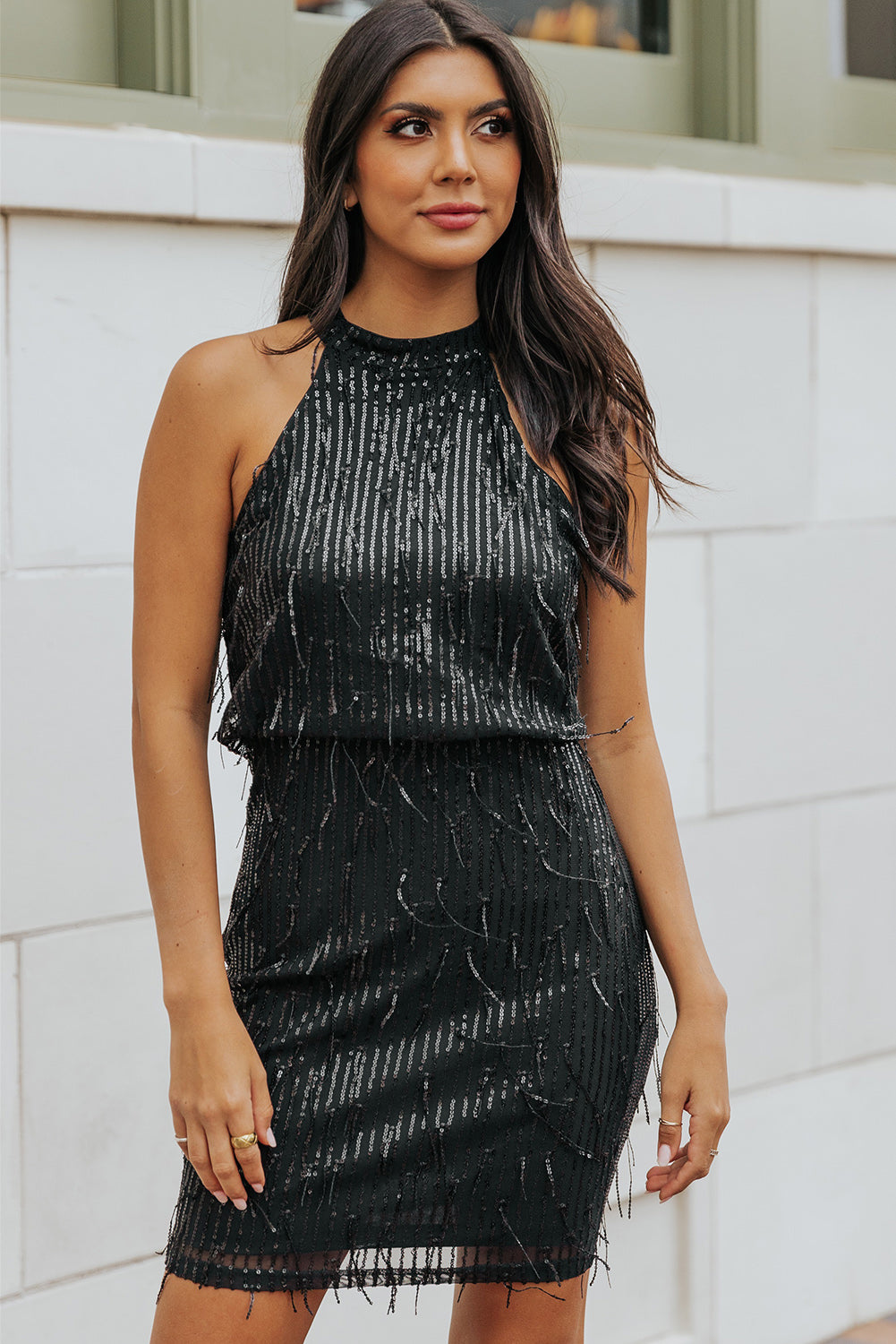Black Sequined Fringed Mini Dress Sequin Dresses JT's Designer Fashion