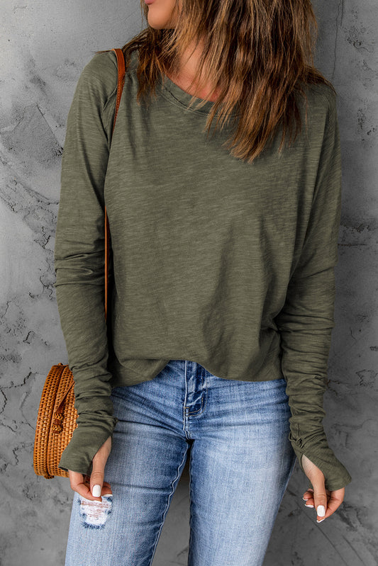 Green Solid Crew Neck Long Sleeve Long Sweatshirt Green 95%Polyester+5%Elastane Long Sleeve Tops JT's Designer Fashion