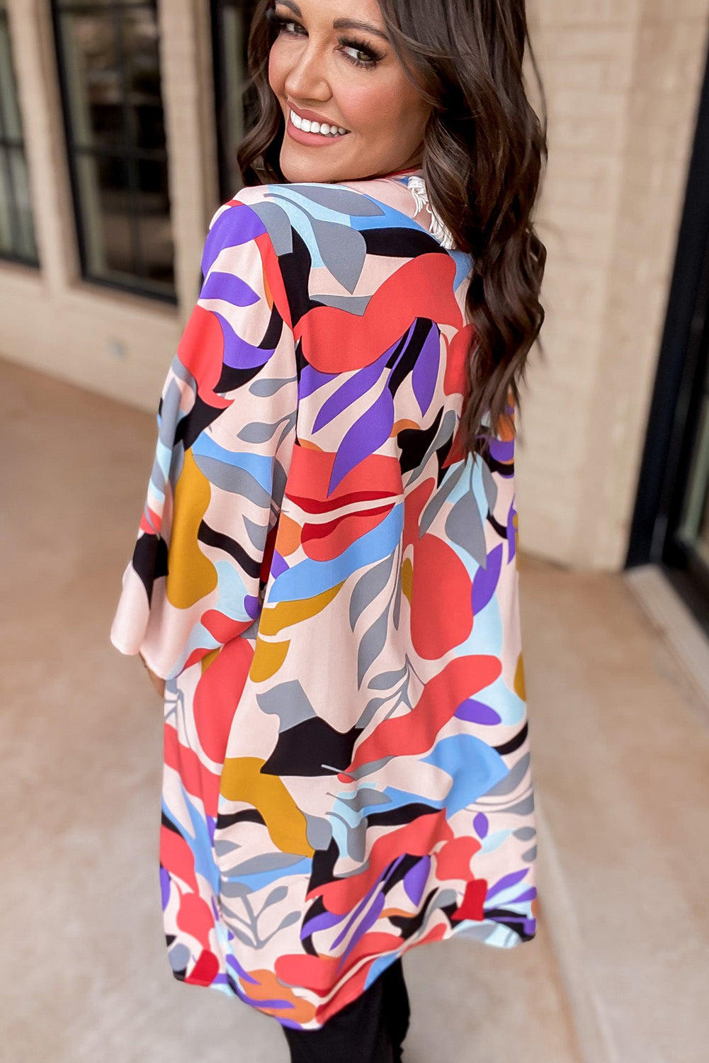 Multicolor Abstract Print Quarter Sleeve Pocketed Open Front Kimono Kimonos JT's Designer Fashion