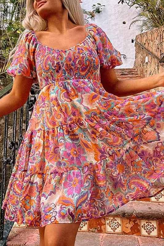 Multicolor Boho Print Smocked Ruffled Puff Sleeve Mini Dress Mini Dresses JT's Designer Fashion