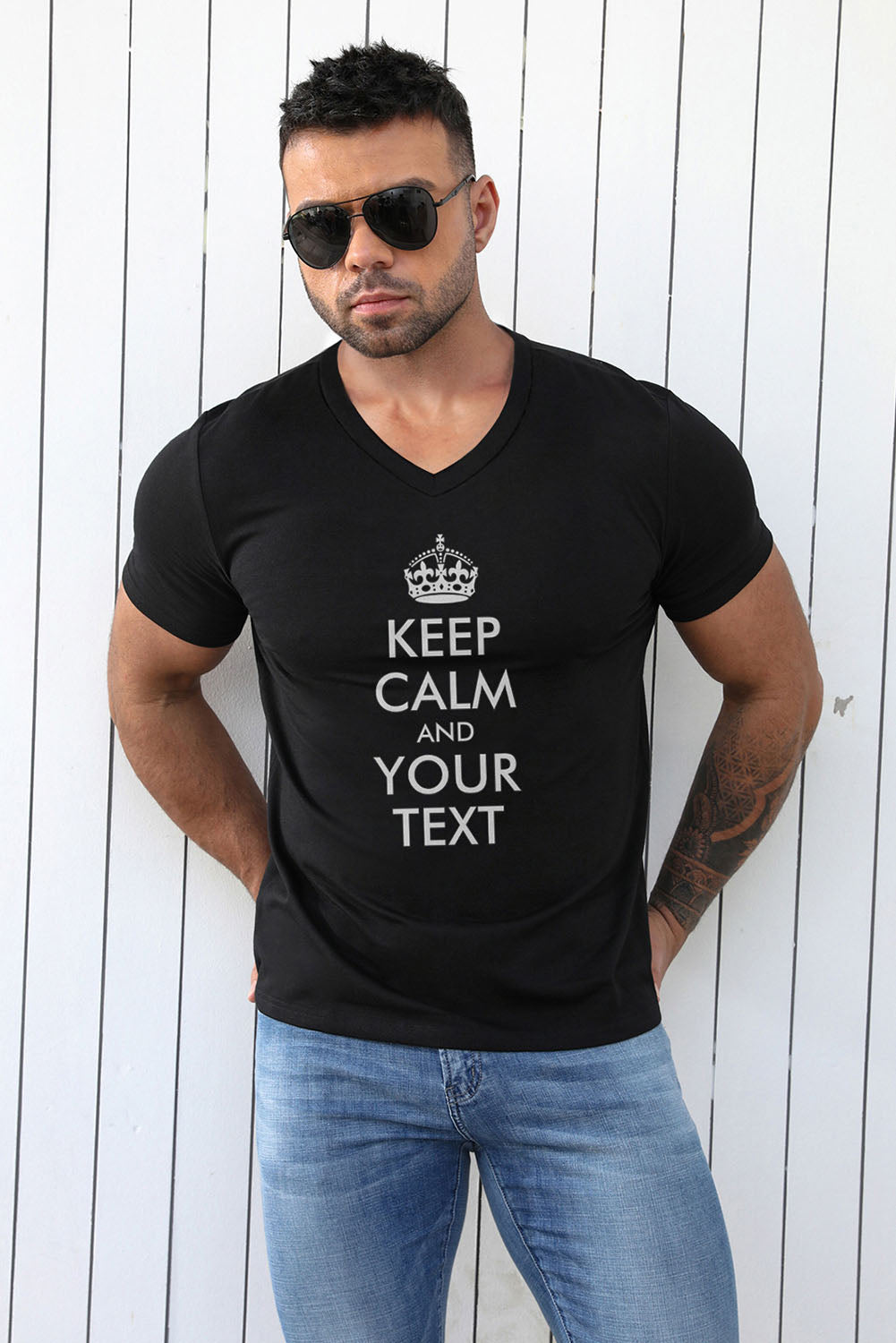 Black Keep Calm And Your Text Crown Printed Men's Graphic Tee Men's Tops JT's Designer Fashion