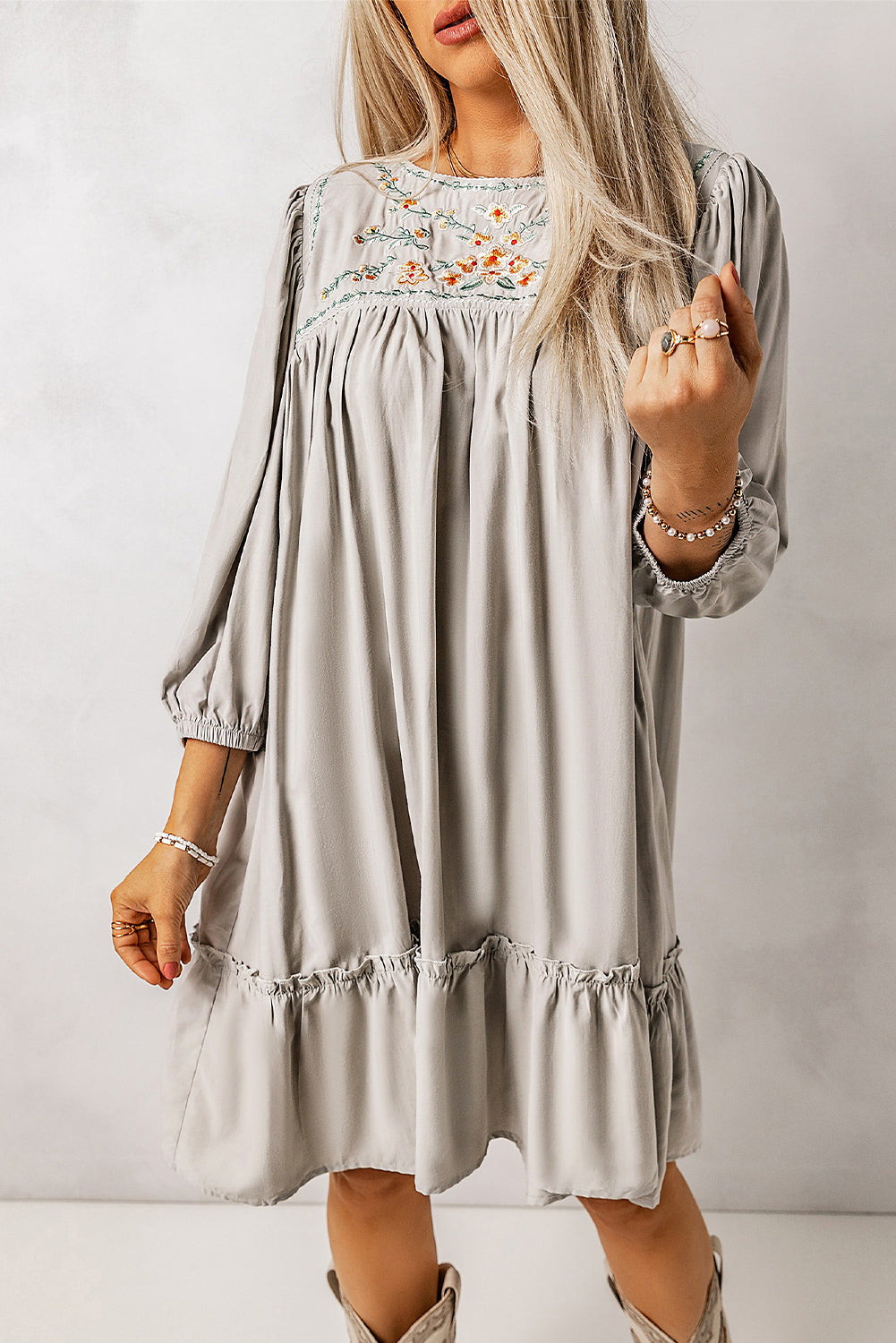 Gray Floral Embroidered Long Sleeve Babydoll Mini Dress Mini Dresses JT's Designer Fashion