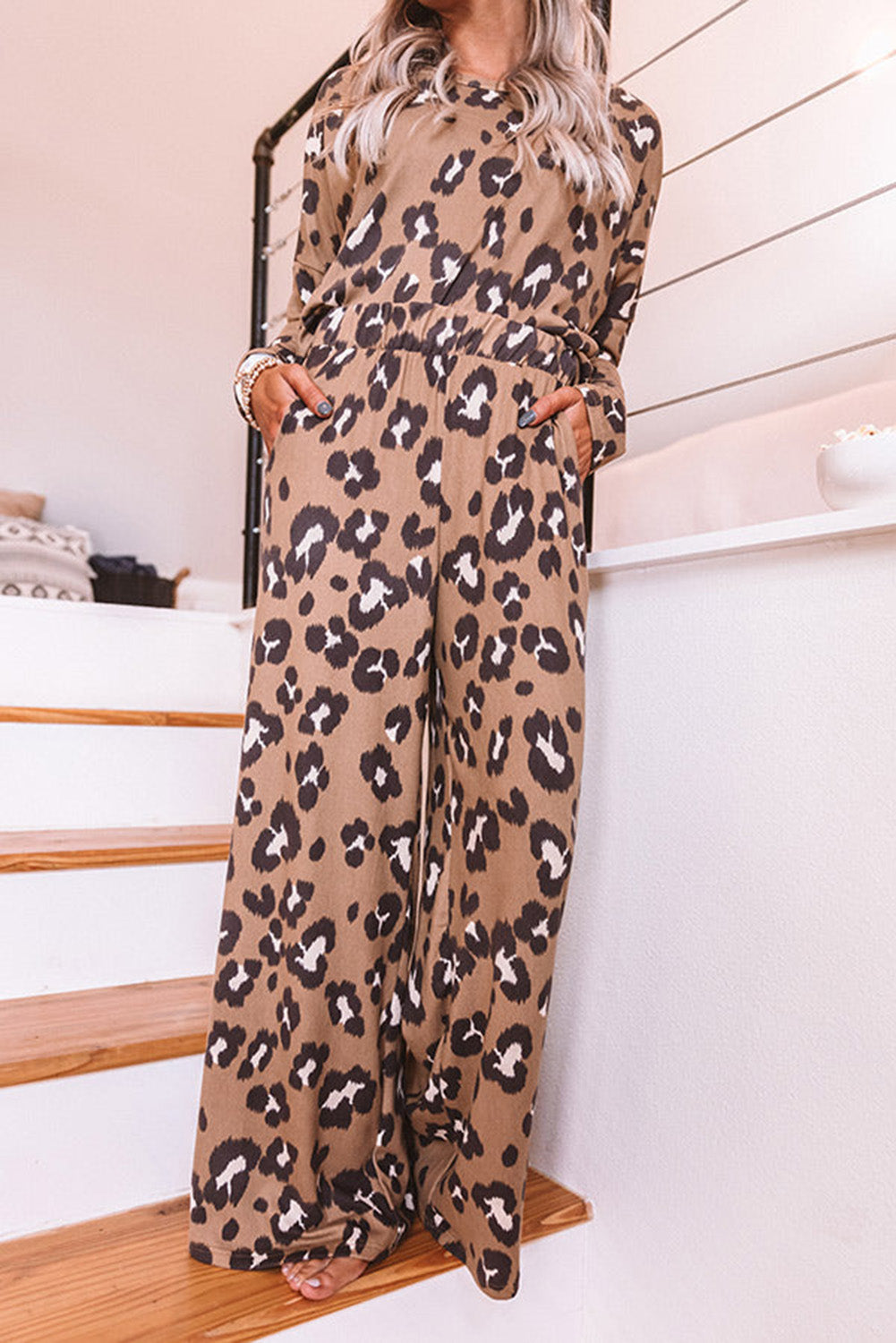 Brown Leopard Print Long Sleeve Pullover and Pants Outfit Loungewear JT's Designer Fashion