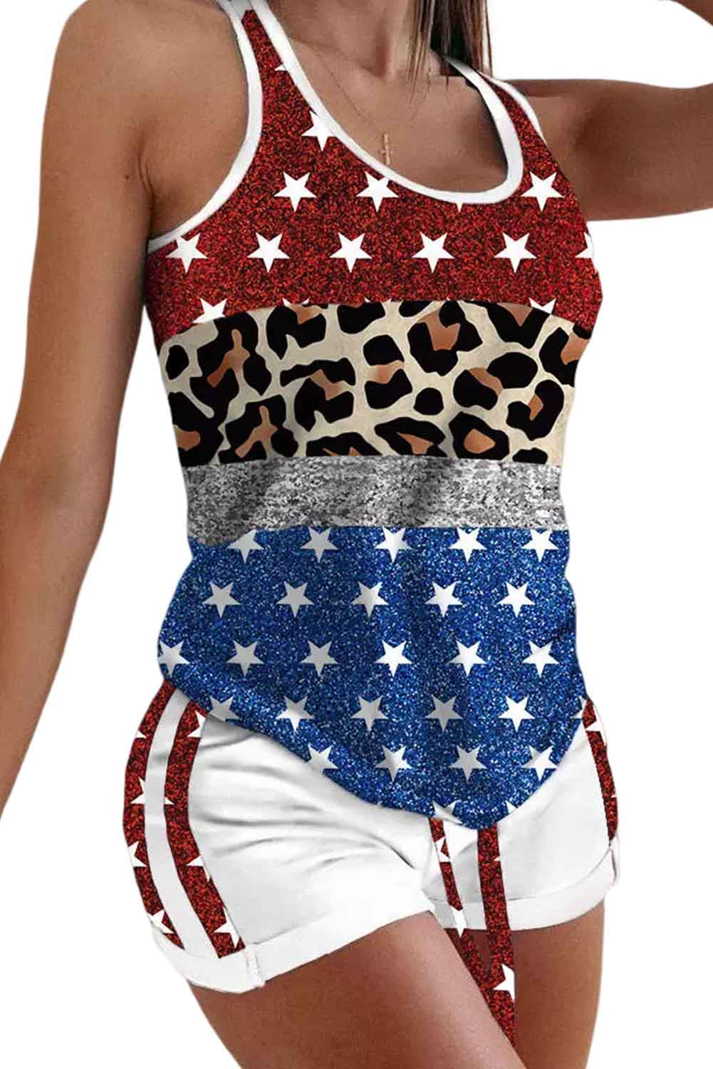 Multicolor American Flag Leopard Glitter Racerback Tank and Shorts Lounge Set Bottoms JT's Designer Fashion