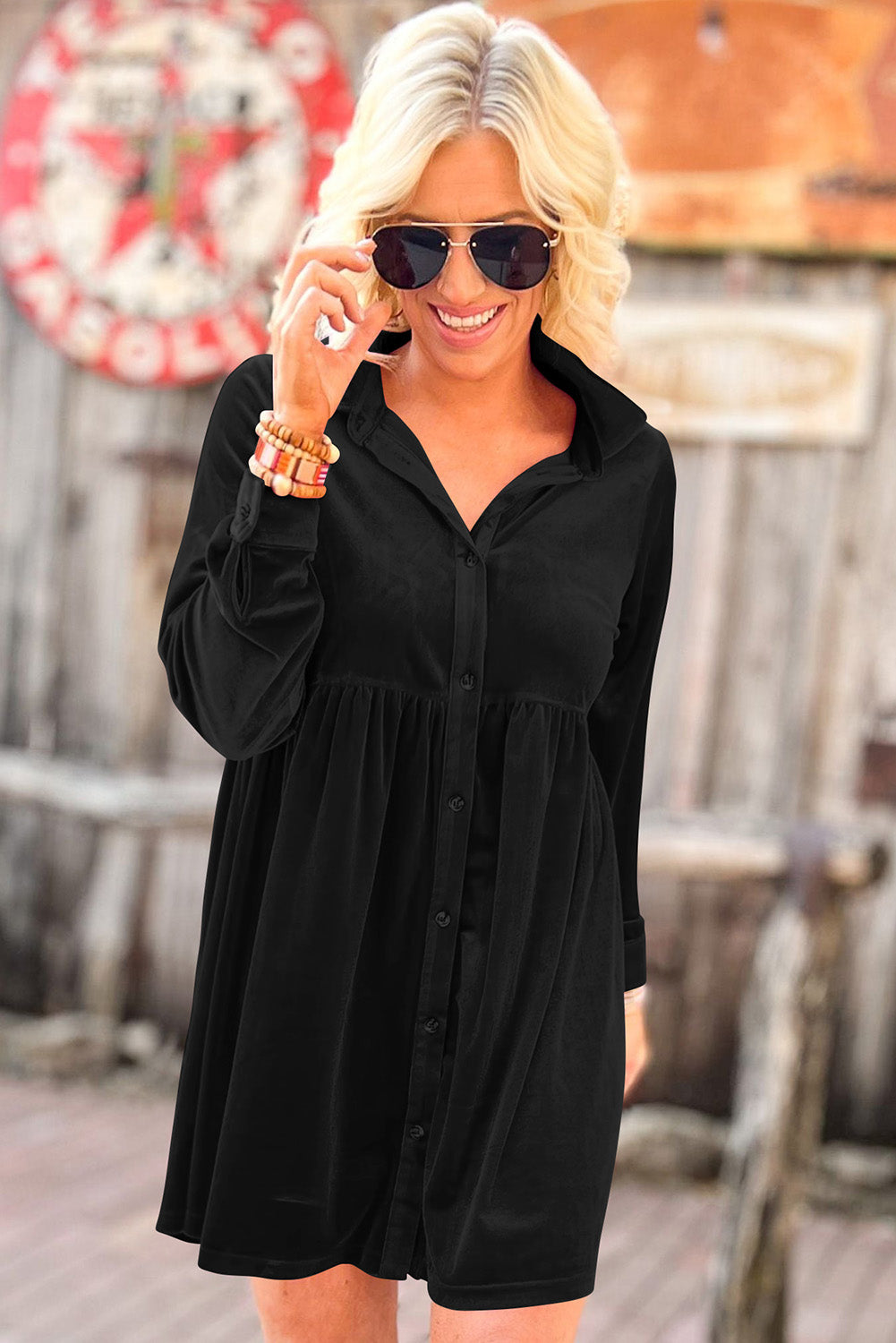 Black Long Sleeve Ruffle Velvet Button Up Dress Dresses JT's Designer Fashion