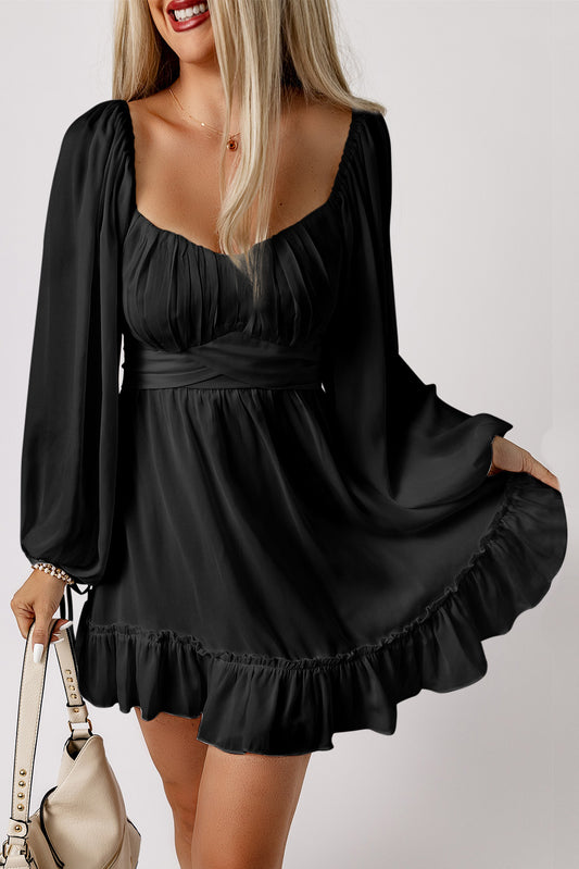 Black White Plain Ruffled High Waist Square Neck Mini Dress Dresses JT's Designer Fashion