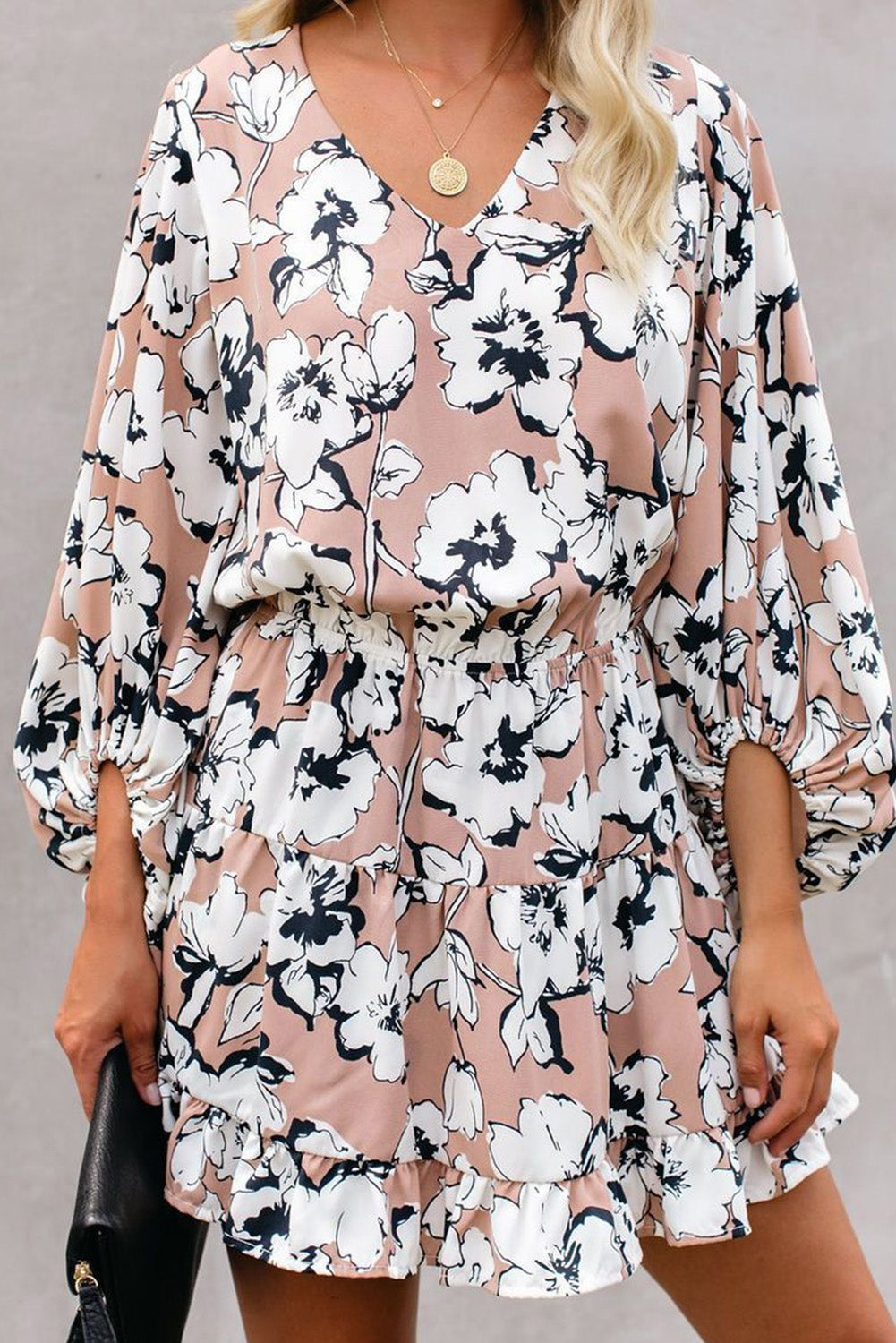 Apricot V Neck Lantern Sleeves Floral Tunic Dress Floral Dresses JT's Designer Fashion