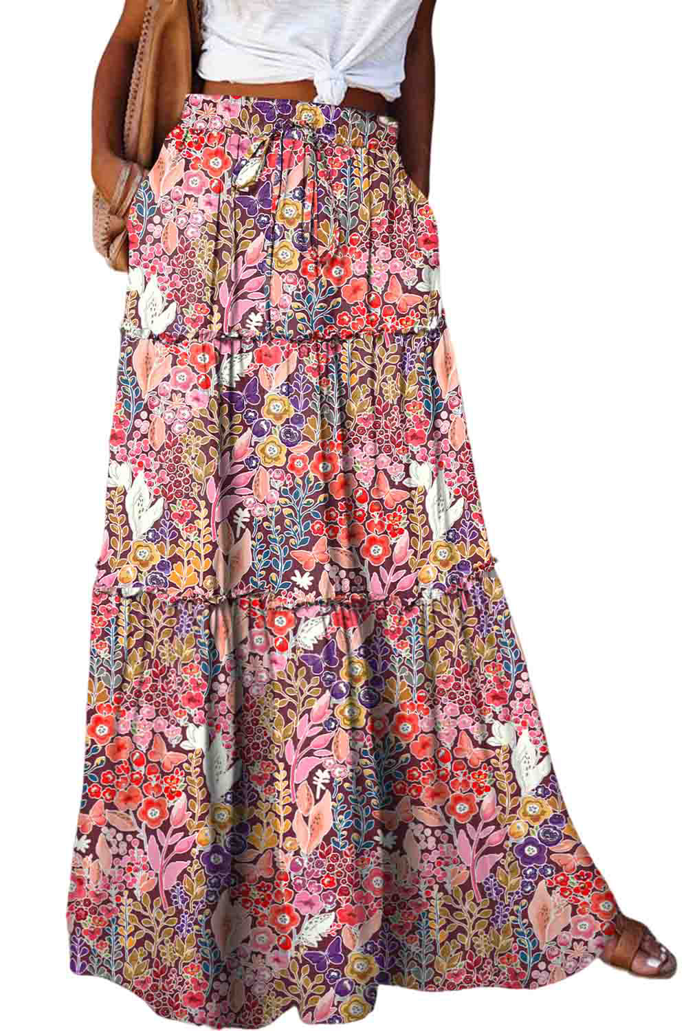 Multicolor Boho Floral Print High Waist Maxi Skirt Bottoms JT's Designer Fashion
