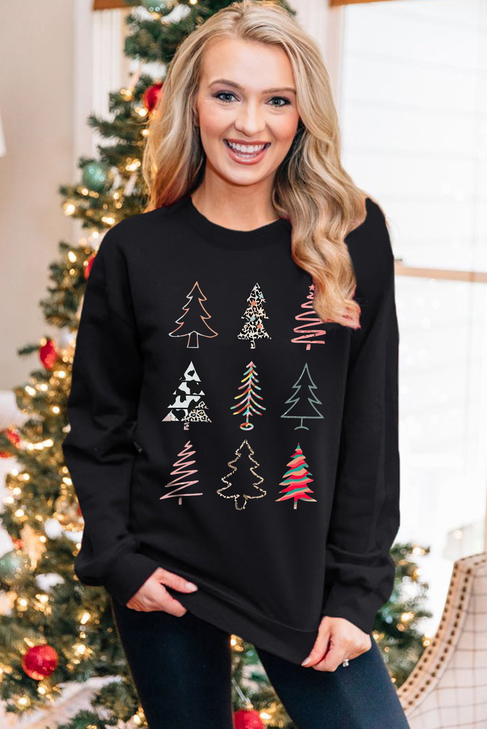 Black Christmas Tree Graphic Print Crew Neck Sweatshirt Graphic Sweatshirts JT's Designer Fashion