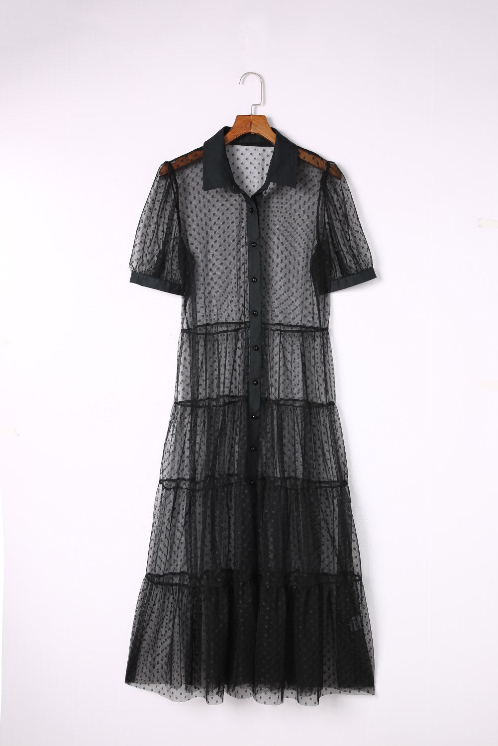 Black Polka Dot Button Up Short Sleeve Sheer Kimono Kimonos JT's Designer Fashion