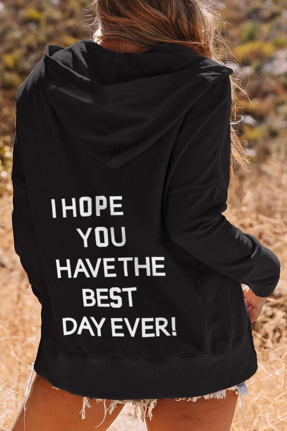 Black Best Wish Slogan Graphic Henley Hoodie Black 50%Polyester+50%Cotton Graphic Sweatshirts JT's Designer Fashion