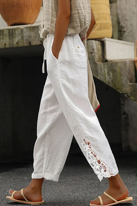 White Lace Splicing Drawstring Linen Pants Bottoms JT's Designer Fashion