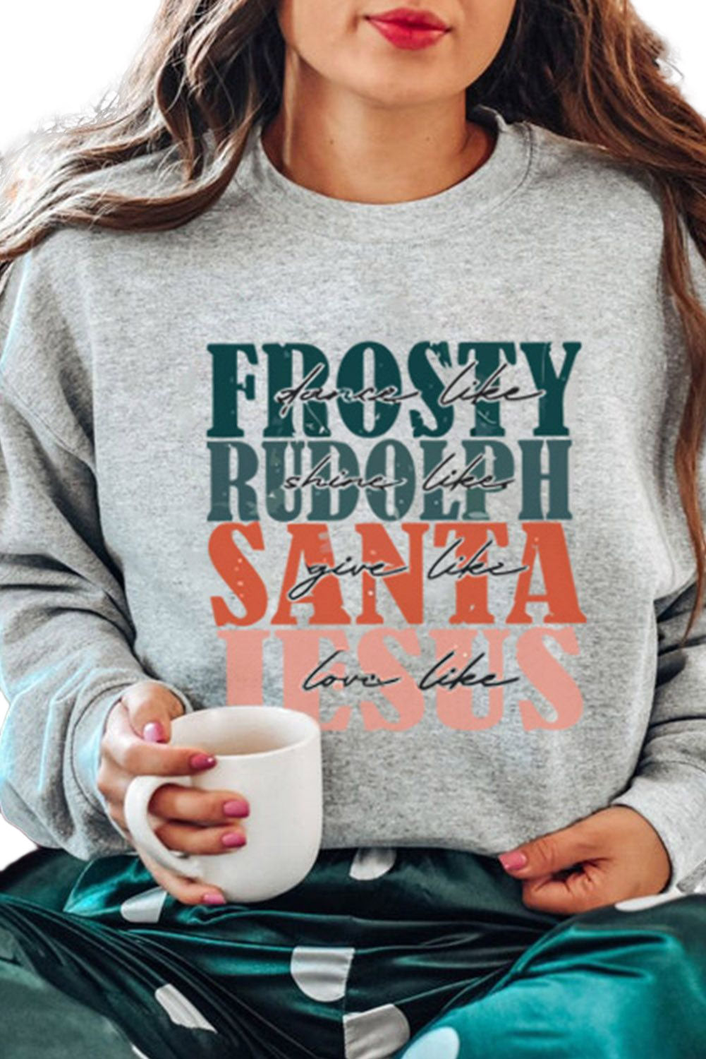 Gray Frosty Rudolph Santa Jesus Graphic Long Sleeve Sweatshirt Graphic Sweatshirts JT's Designer Fashion