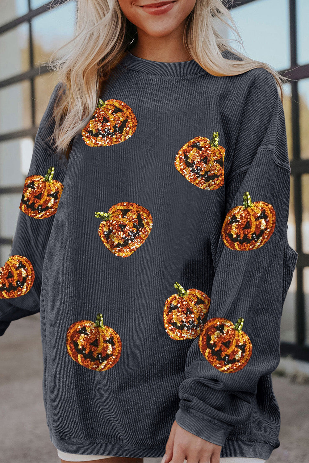Dark Grey Sequined Halloween Pumpkin Corded Baggy Sweatshirt Dark Grey 100%Polyester Graphic Sweatshirts JT's Designer Fashion