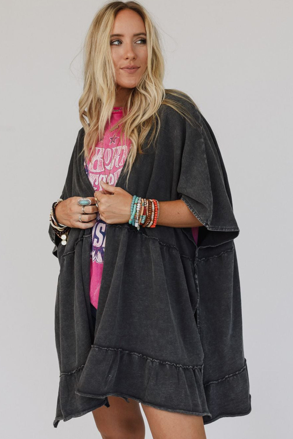 Black Mineral Wash Tiered Frilled Side Slit Oversized Cardigan Outerwear JT's Designer Fashion