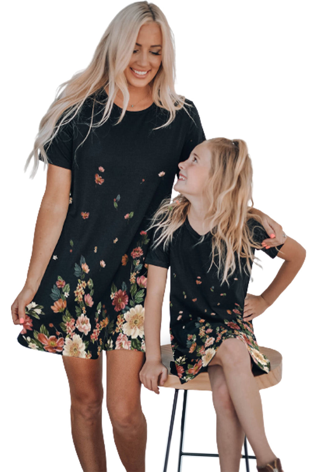 Black Family Matching Floral Print Short Sleeve Girl's Mini Dress Family Dress JT's Designer Fashion