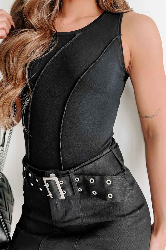 Black Expose Seam Detail Sleeveless Bodysuit Black 95%Polyester+5%Elastane Bodysuits JT's Designer Fashion