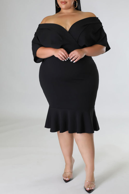 Black Plus Size Pleated V Neck Ruffle Hem Bodycon Dress Plus Size Dresses JT's Designer Fashion