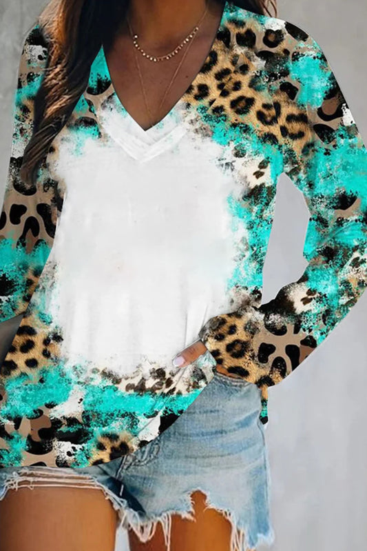 Light Blue Leopard Tie Dye Western Long Sleeve Top Tops & Tees JT's Designer Fashion