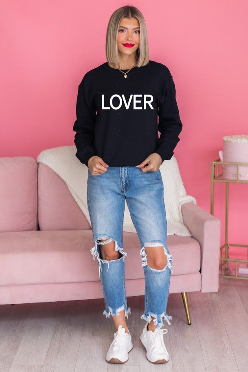Black LOVER Letter Print Crew Neck Pullover Sweatshirt Graphic Sweatshirts JT's Designer Fashion