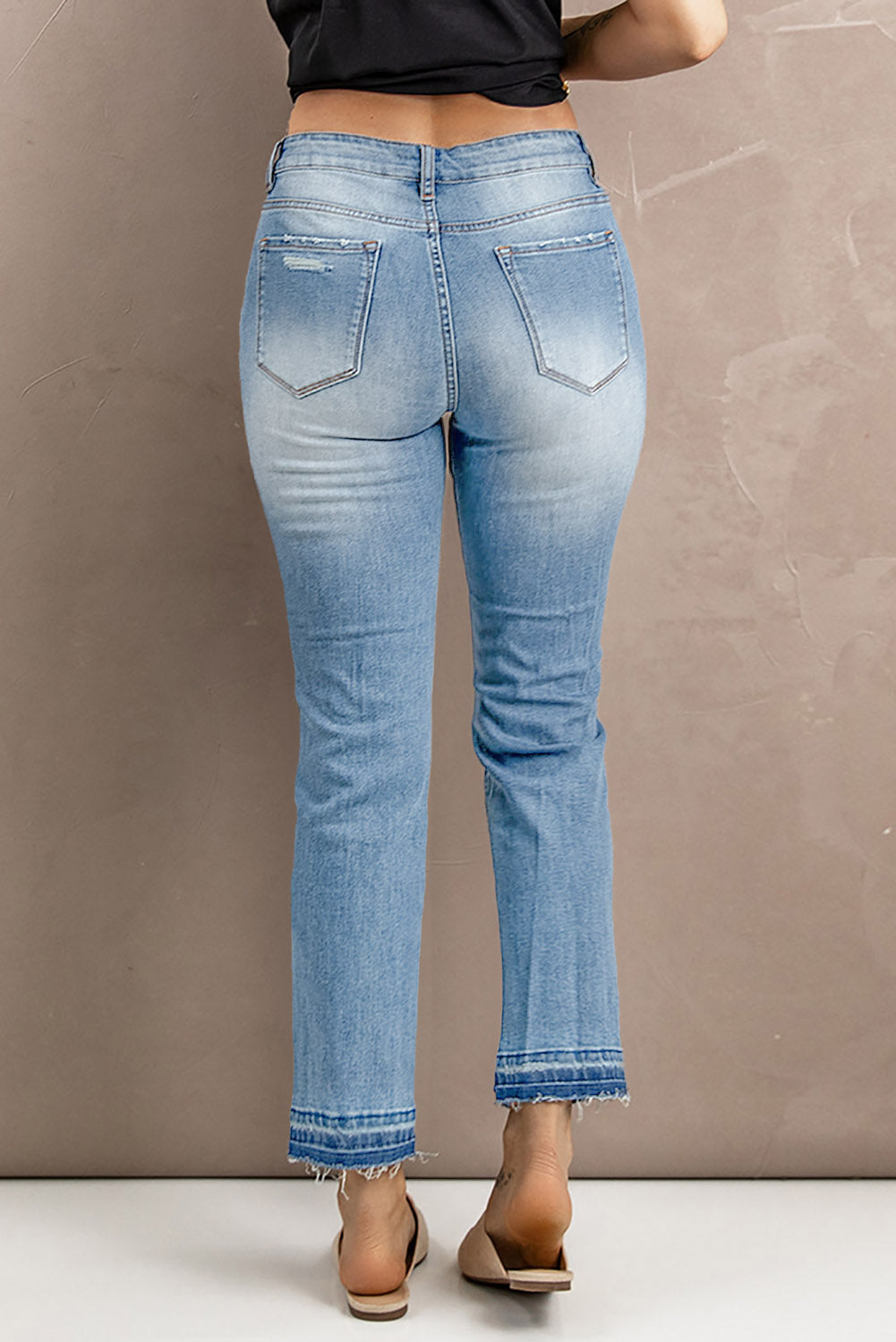 Sky Blue Washed Straight Leg Distressed High Waist Jeans Jeans JT's Designer Fashion