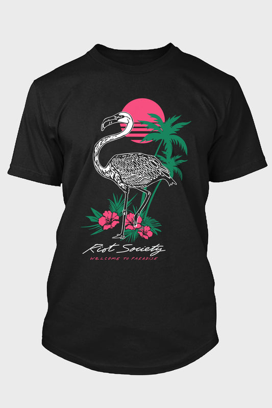 Black Flamingo Flower Plant Letter Print Men's Graphic T Shirt Black 62%Polyester+32%Cotton+6%Elastane Men's Tops JT's Designer Fashion