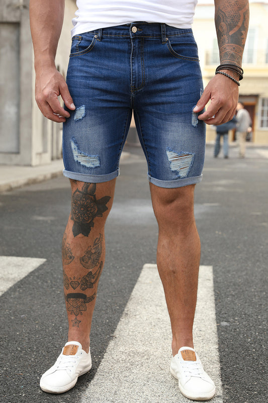 Dark Blue Slim-fit Distressed Men's Denim Shorts Blue 70%Cotton 29%Polyester 1%Elastane Men's Pants JT's Designer Fashion