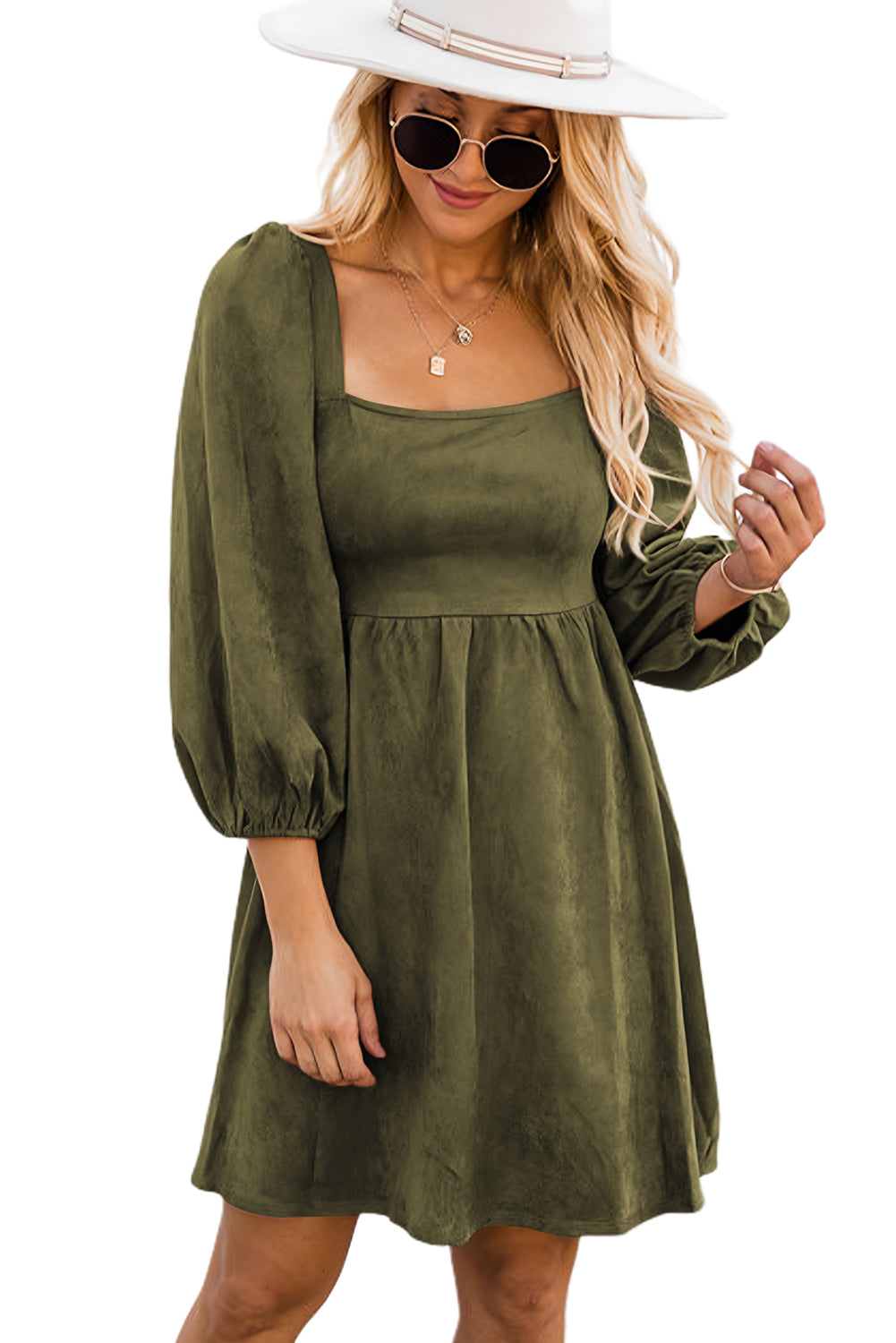 Pickle Green Brown Suede Square Neck Flared Dress Dresses JT's Designer Fashion