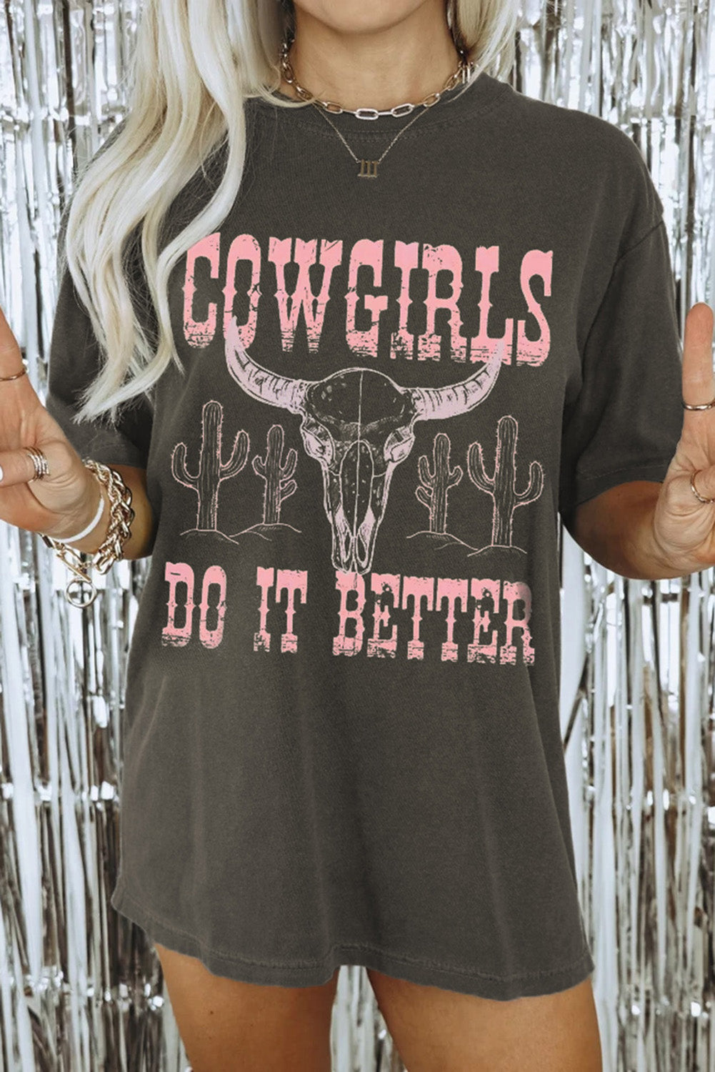 Gray COWGIRLS DO IT BETTER Graphic Print Oversized T Shirt Tops & Tees JT's Designer Fashion