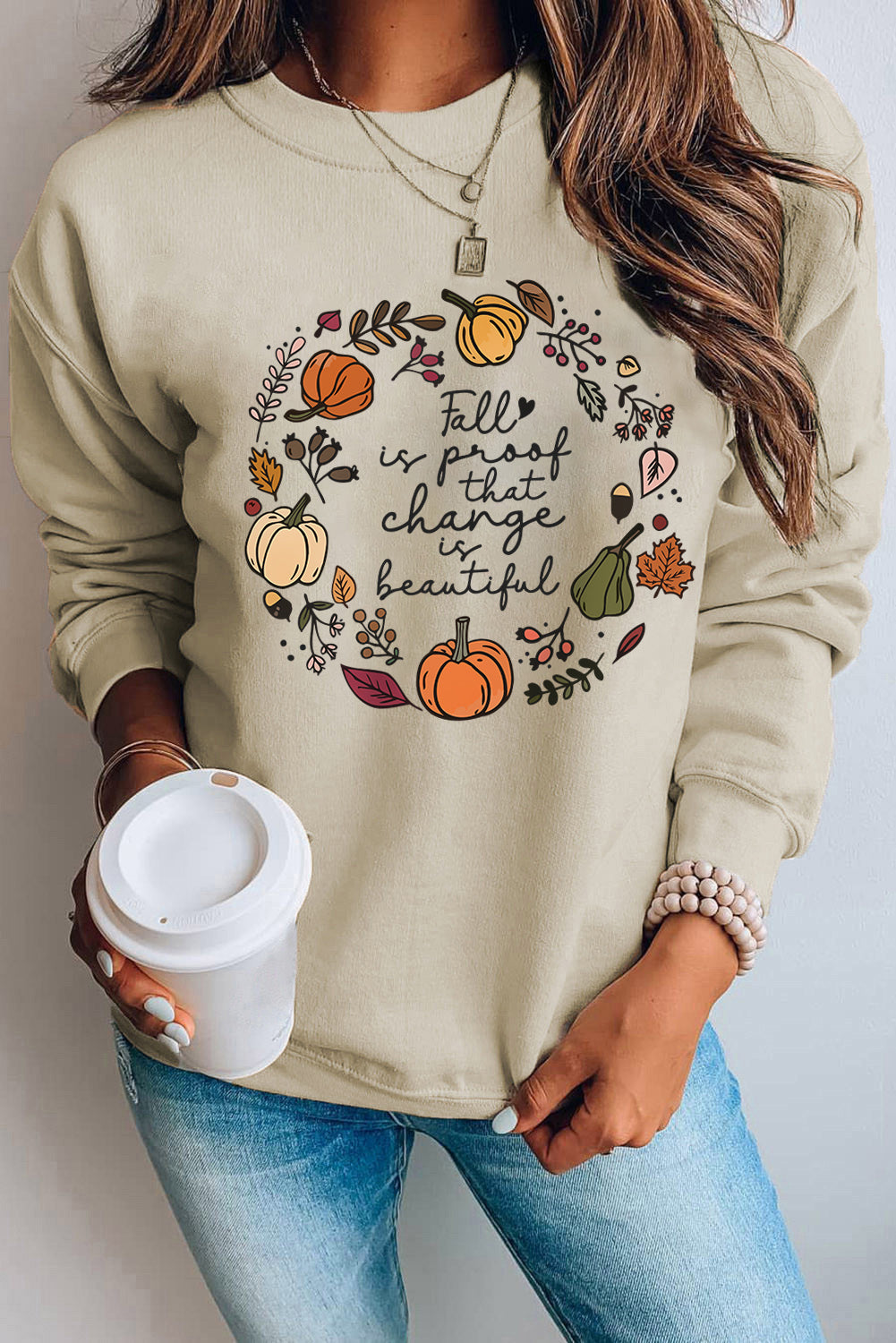 Khaki Fall Vibe Pumpkin Print Round Neck Sweatshirt Khaki 70%Polyester+30%Cotton Graphic Sweatshirts JT's Designer Fashion