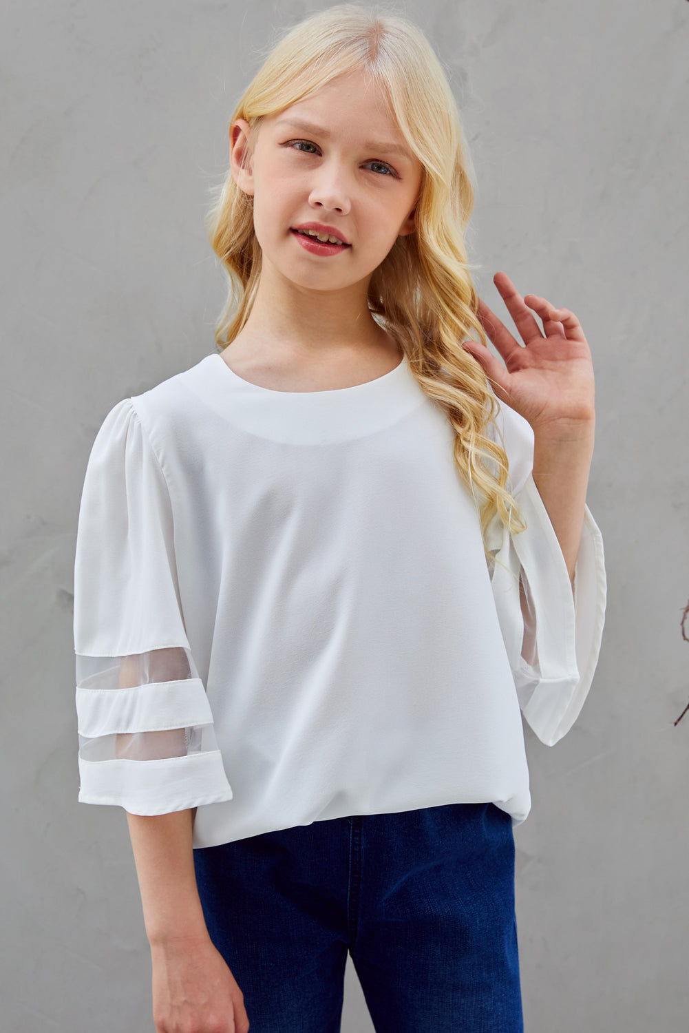 Girls Sheer Striped Flare Sleeve Tee Shirt White Girls Tops JT's Designer Fashion