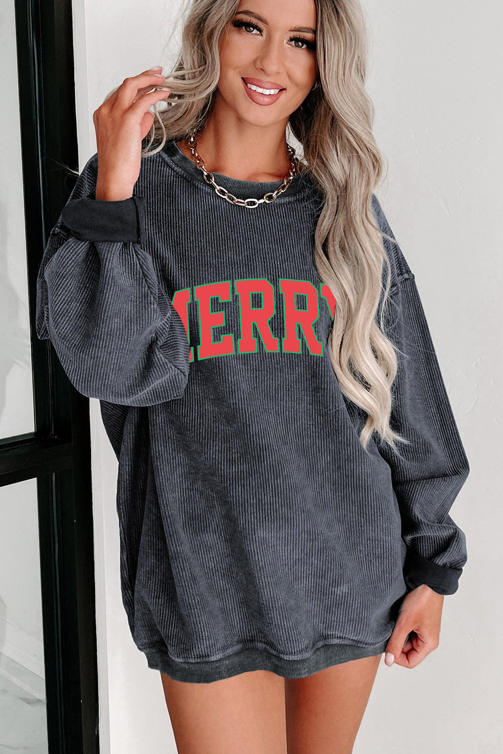 Gray MERRY Graphic Corded Pullover Sweatshirt Graphic Sweatshirts JT's Designer Fashion
