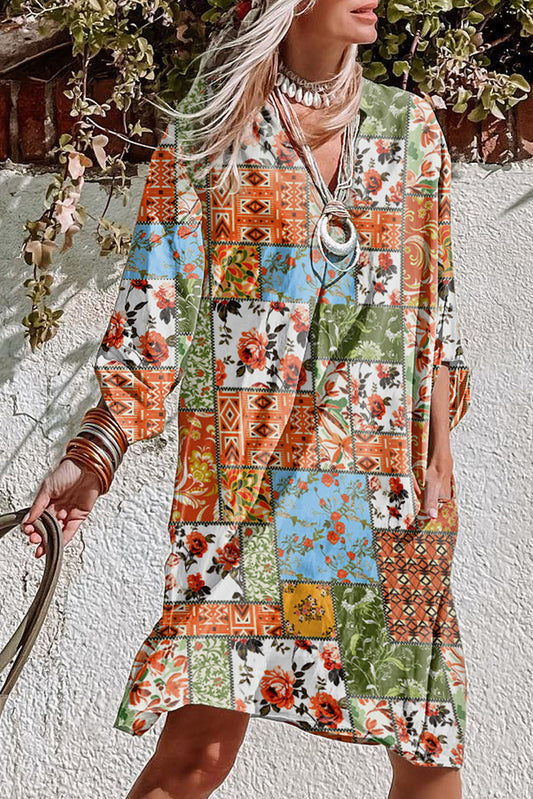 Multicolour Floral Patchwork Print Roll-tab Sleeve Shift Dress Dresses JT's Designer Fashion