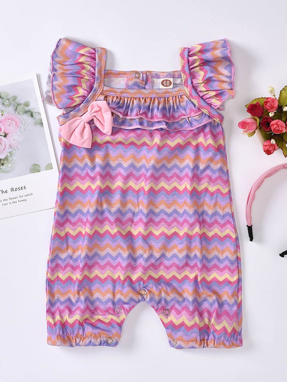 Baby Girl Printed Bow Detail Square Neck Romper Heliotrope Purple Baby JT's Designer Fashion
