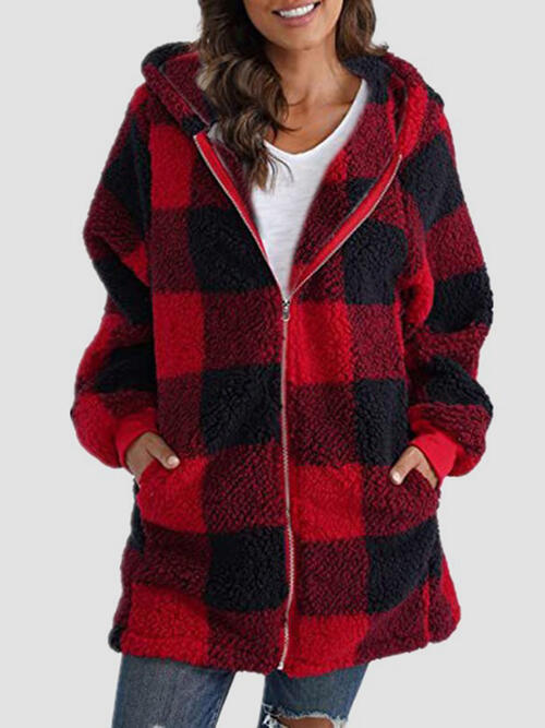 Plaid Zip Up Hooded Jacket with Pockets Deep Red Coats & Jackets JT's Designer Fashion
