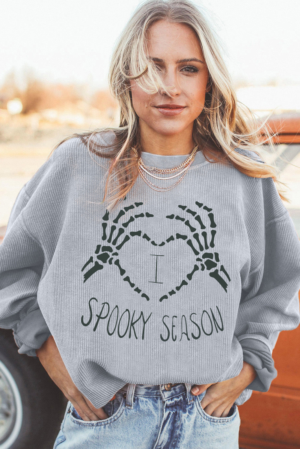 Light Grey SPOOKY SEASON Graphic Corded Oversized Sweatshirt Graphic Sweatshirts JT's Designer Fashion