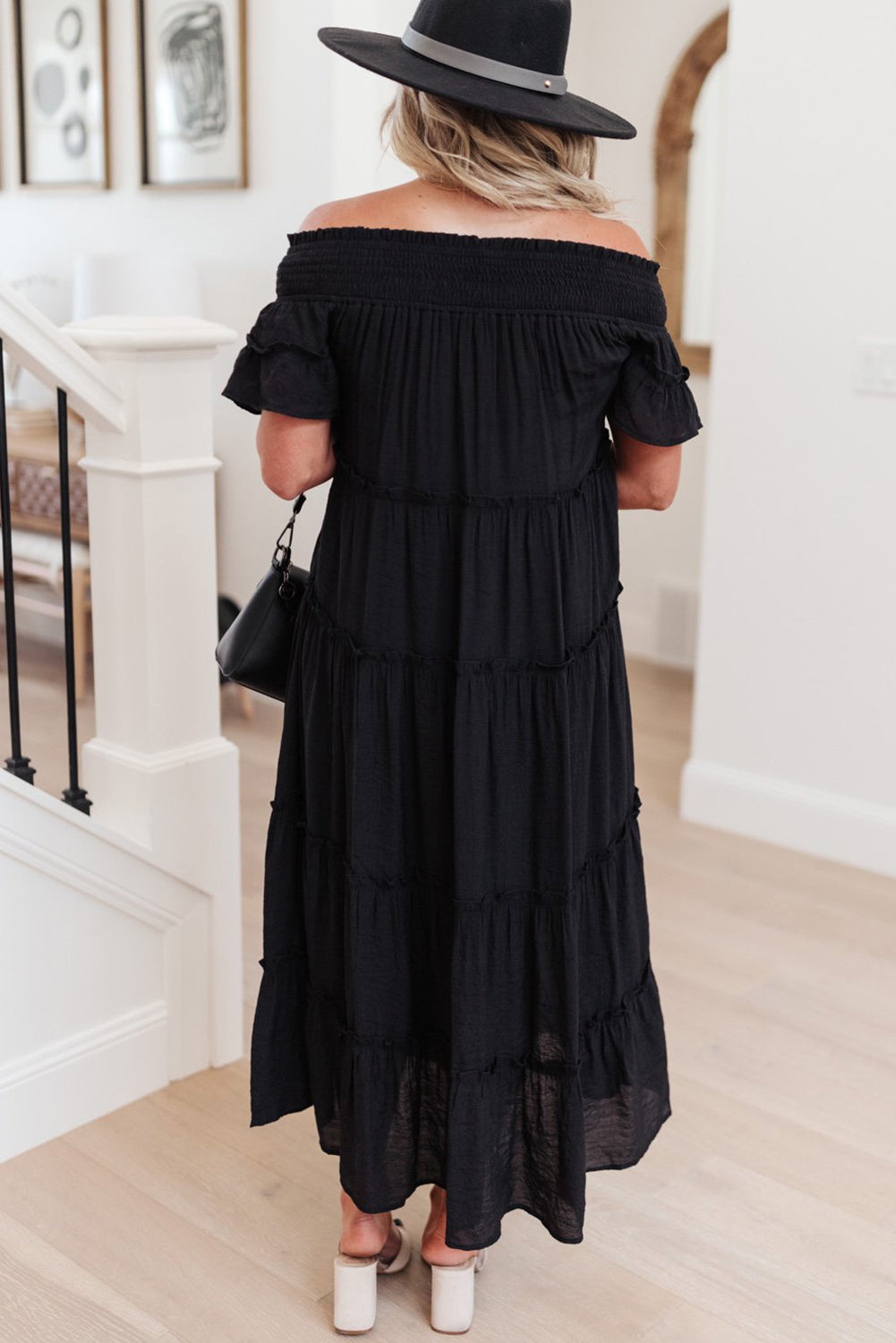 Black Plus Size Smocked Off Shoulder Frill Tiered Maxi Dress Plus Size Dresses JT's Designer Fashion