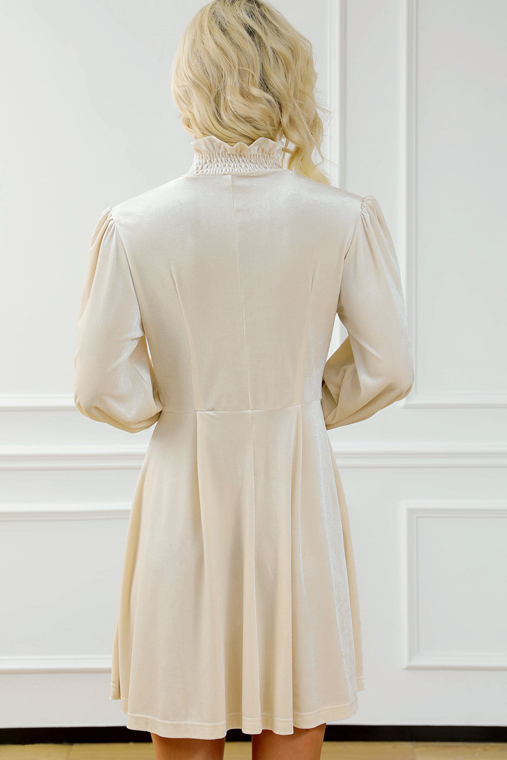 Apricot Shirred Collar Bubble Sleeve Mini Dress Mini Dresses JT's Designer Fashion