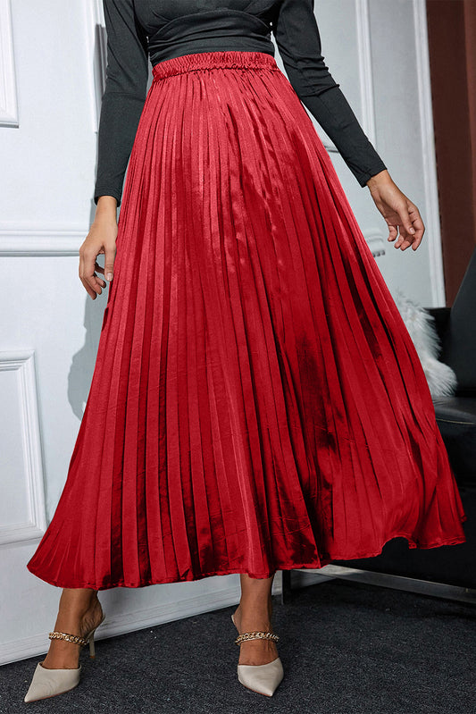 Fiery Red Satin Elastic Waist Pleated Maxi Skirt Pre Order Bottoms JT's Designer Fashion