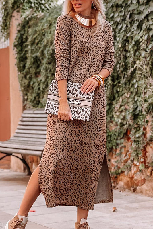 Leopard Round Neck Long Sleeve Split Dress Dresses JT's Designer Fashion