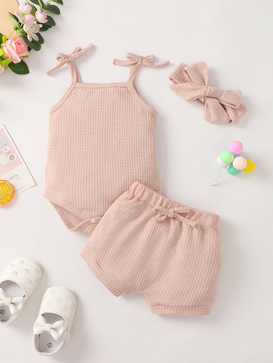 Baby Girl Waffle-Knit Tie-Shoulder Top and Shorts Set Pink Baby JT's Designer Fashion