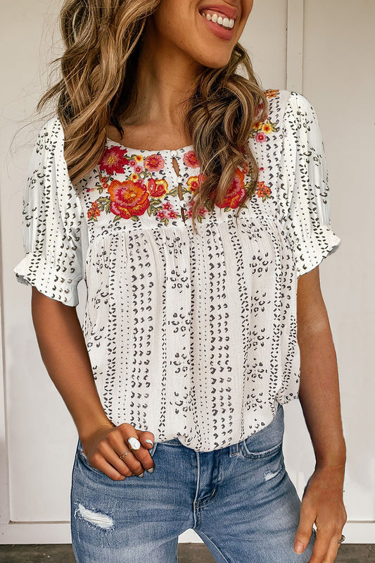White Floral Embroidered Ethnic Printed Crinkle Blouse Blouses & Shirts JT's Designer Fashion