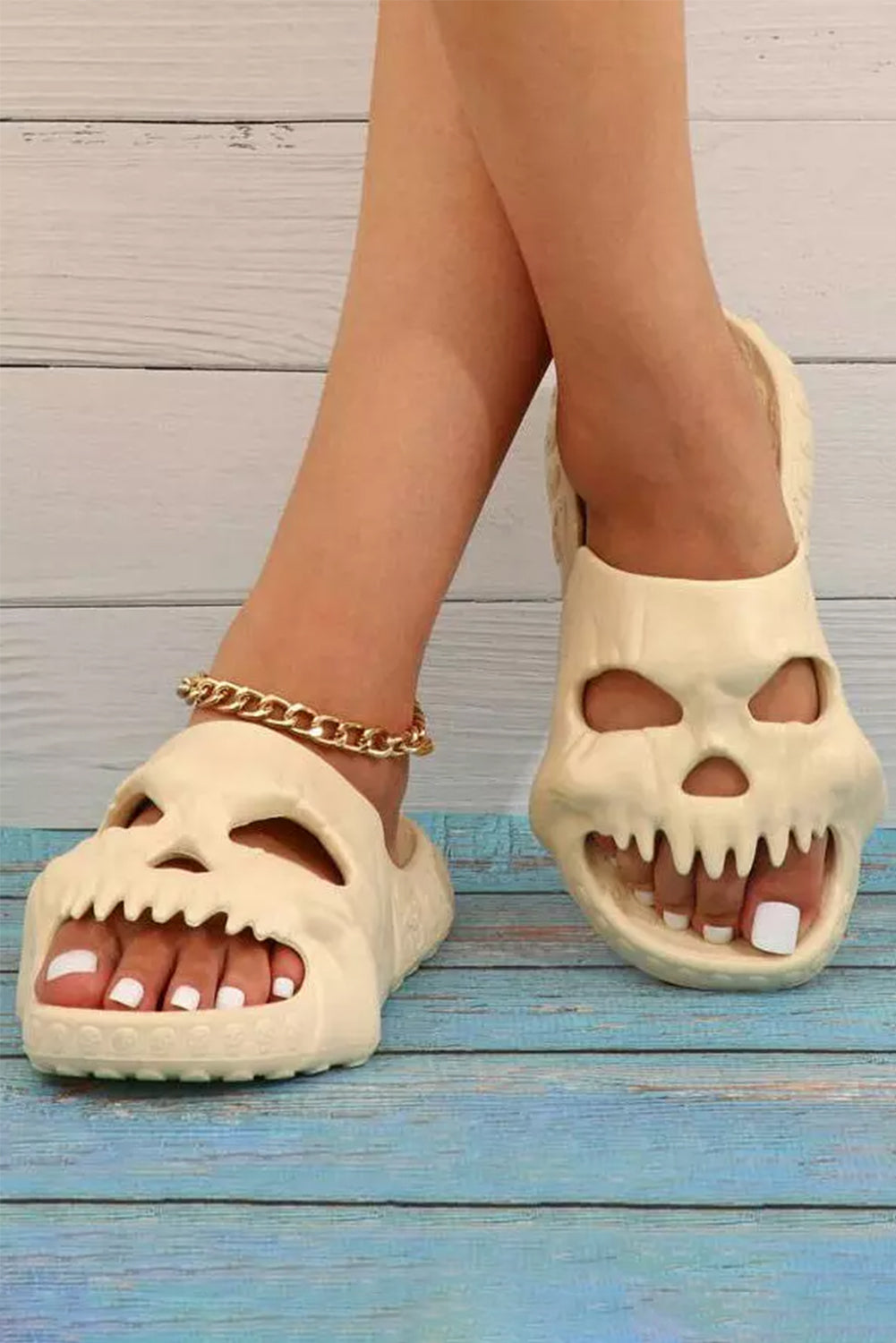 Beige Halloween Skull Open Toe Non-Slip Slippers Slippers JT's Designer Fashion