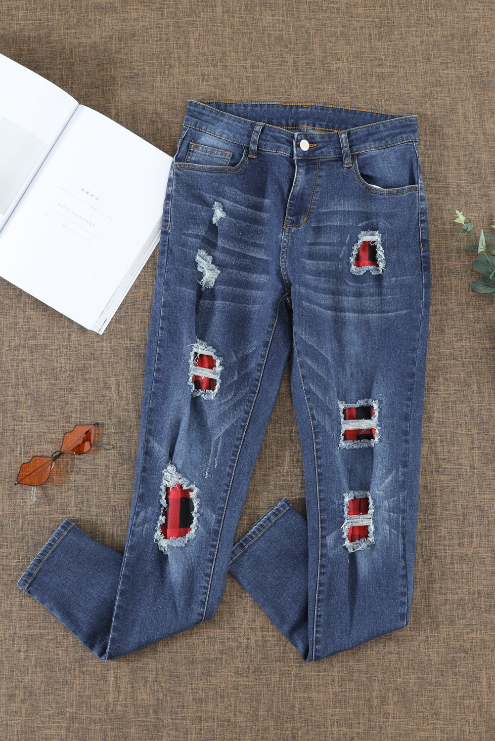 Red Plaid Patch Destroyed Skinny Jeans Jeans JT's Designer Fashion