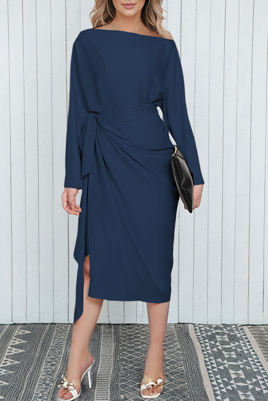 Blue Satin Wrap Tie Side Boat Neck Long Sleeve Dress Blue 90%Polyester+10%Elastane Evening Dresses JT's Designer Fashion