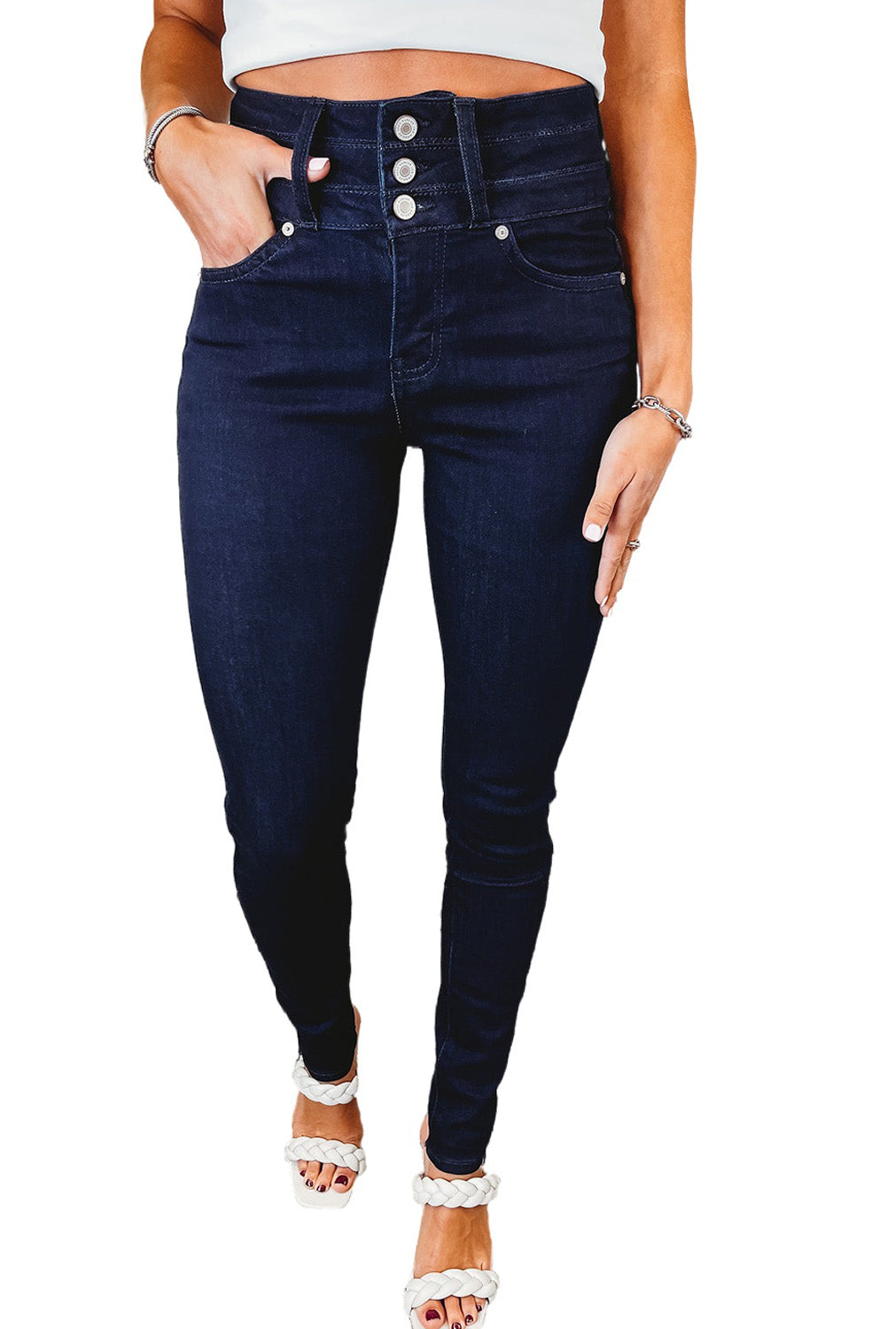 Blue Button Fly High Waist Skinny Jeans Jeans JT's Designer Fashion