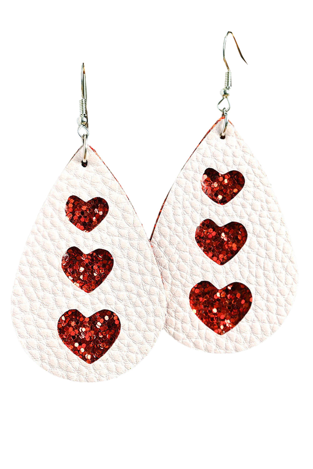 White Valentines Heart Print Pu Leather Teardrop Dangle Earrings Jewelry JT's Designer Fashion