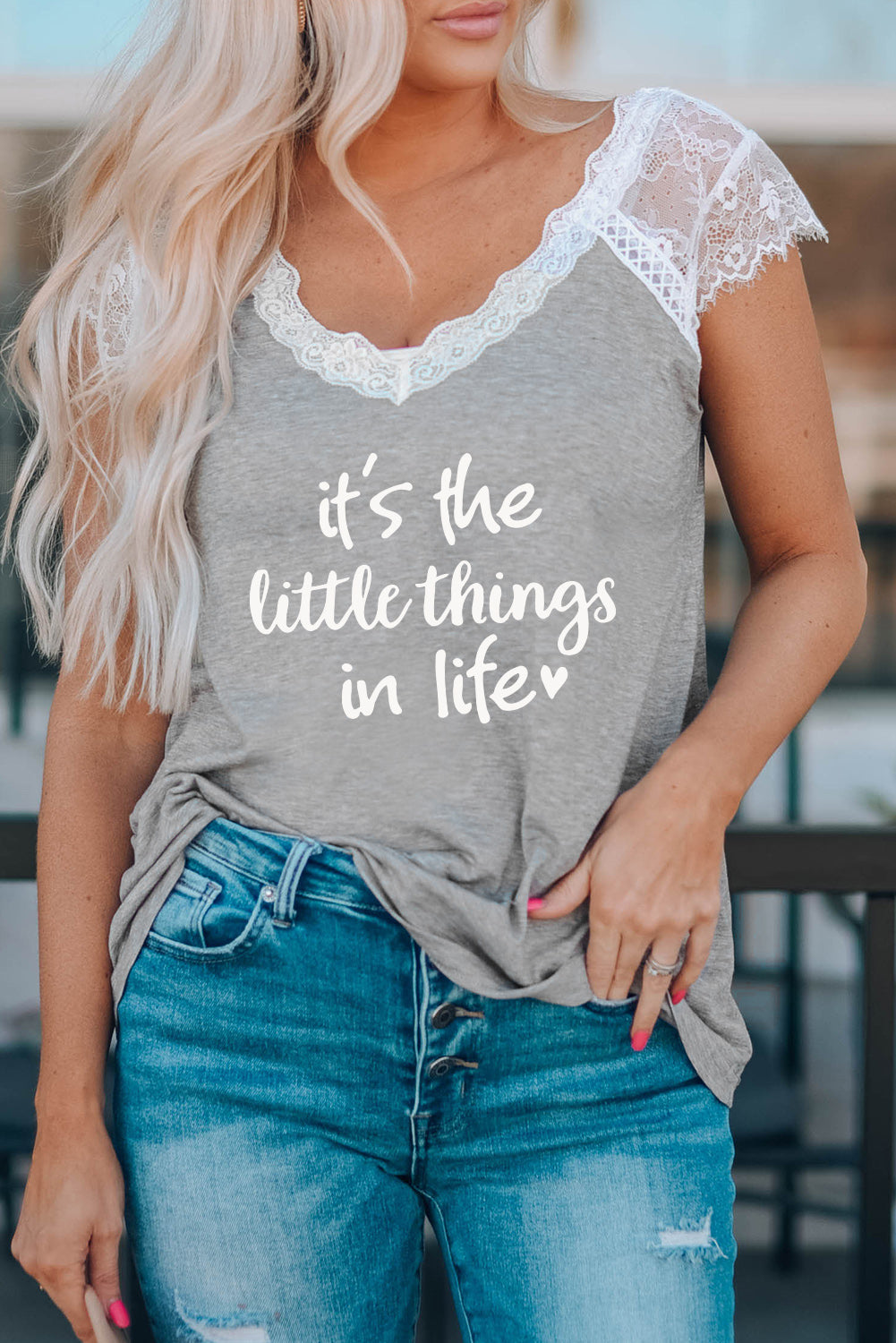 Gray It's The Little Things In Life Lace Patchwork Short Sleeve T Shirt Family T-shirts JT's Designer Fashion