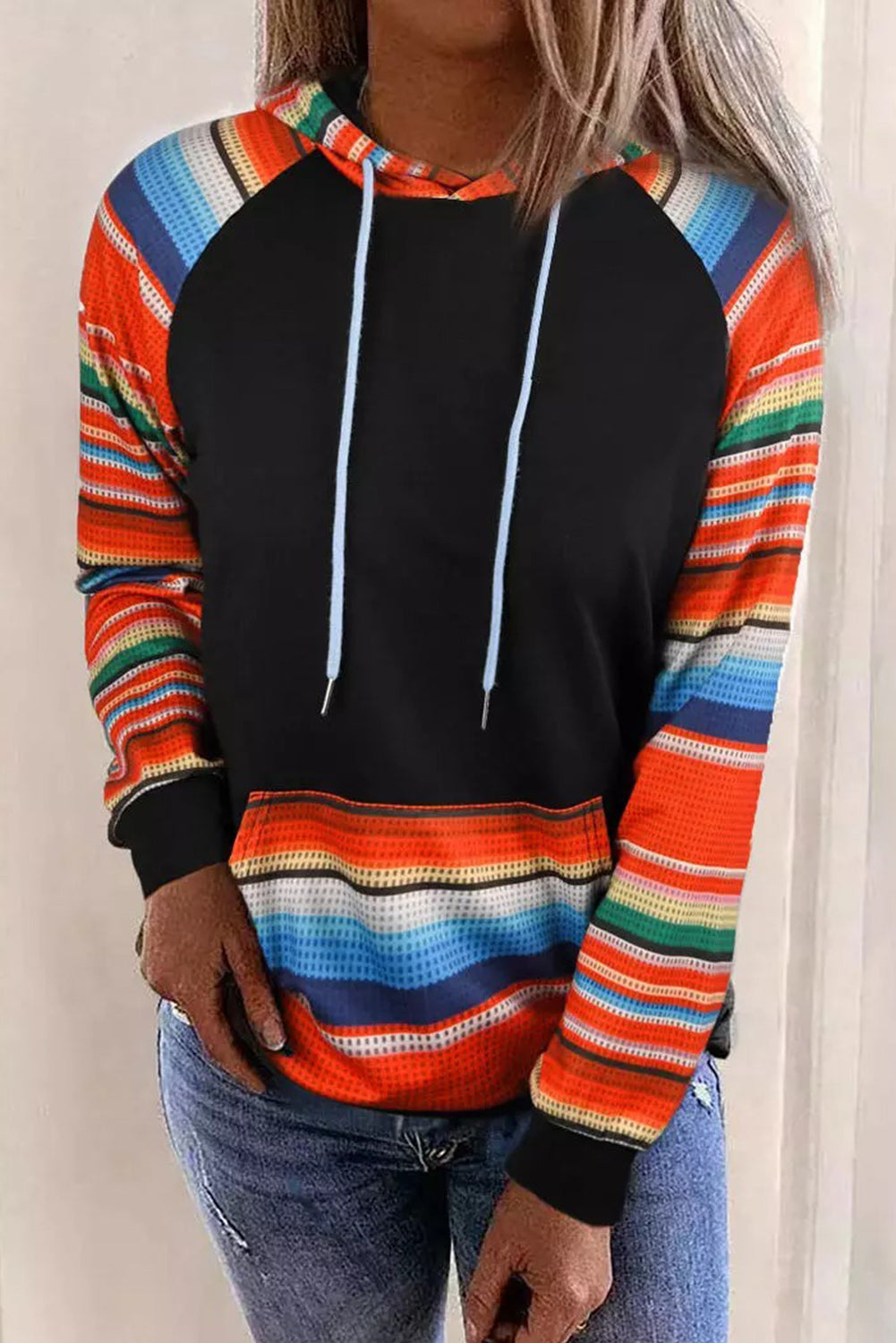 Multicolor Colorful Striped Patchwork Kangaroo Pocket Hoodie Multicolor 95%Polyester+5%Elastane Sweatshirts & Hoodies JT's Designer Fashion